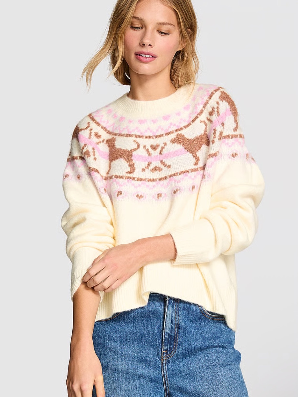Victoria's Secret PINK Fair Isle Dog Sweater Winter White Pink Brown NWT Size L